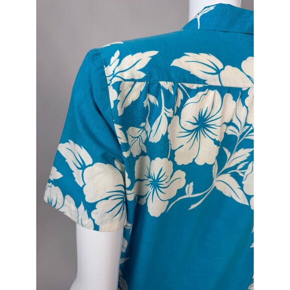 Hilo Hattie Womens Hawaiian Floral Button-Up Shirt Medium Teal & White 100% Cott - Picture 11 of 16